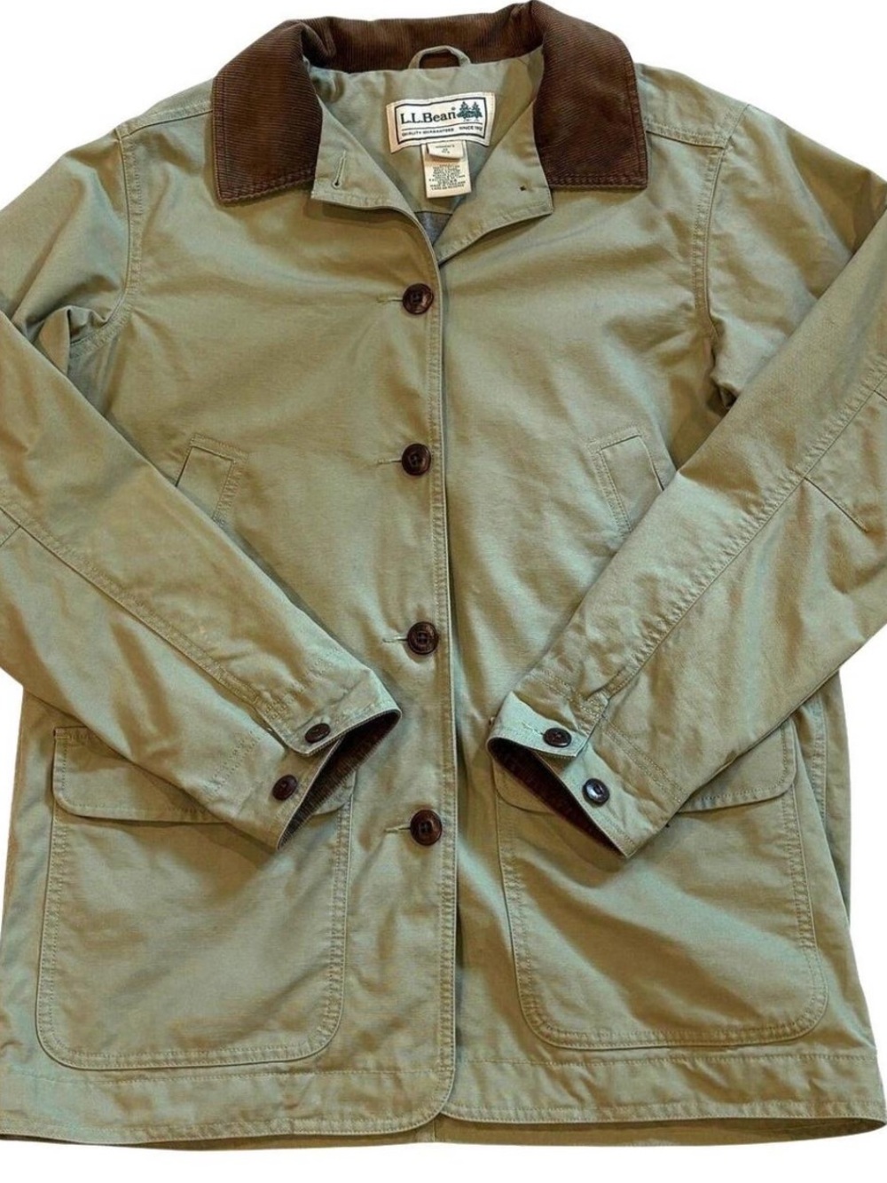 LL Bean M Adirondack Flannel Lined Chore Barn Coat Green Corduroy Trim Like New
